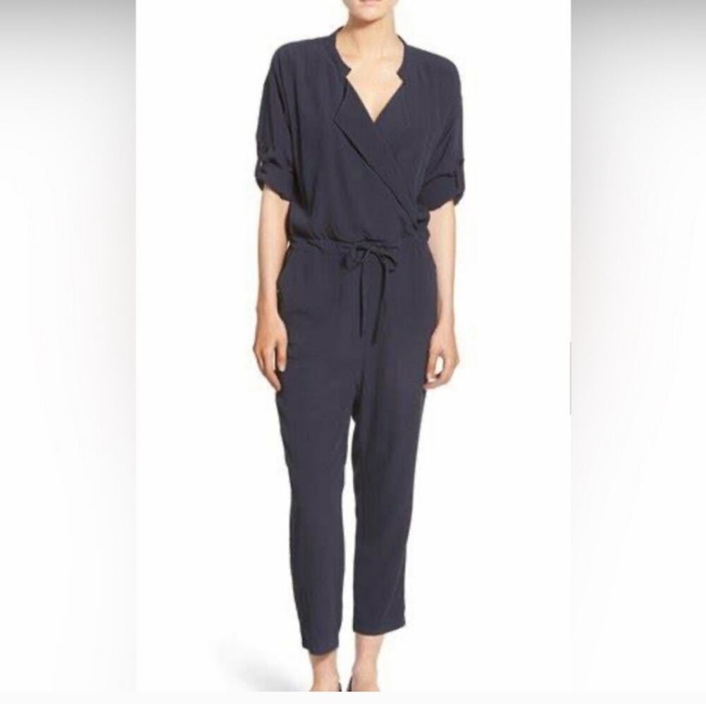Madewell Drapey Crepe Jumpsuit Navy Blue Tie Waist Short Sleeve Medium